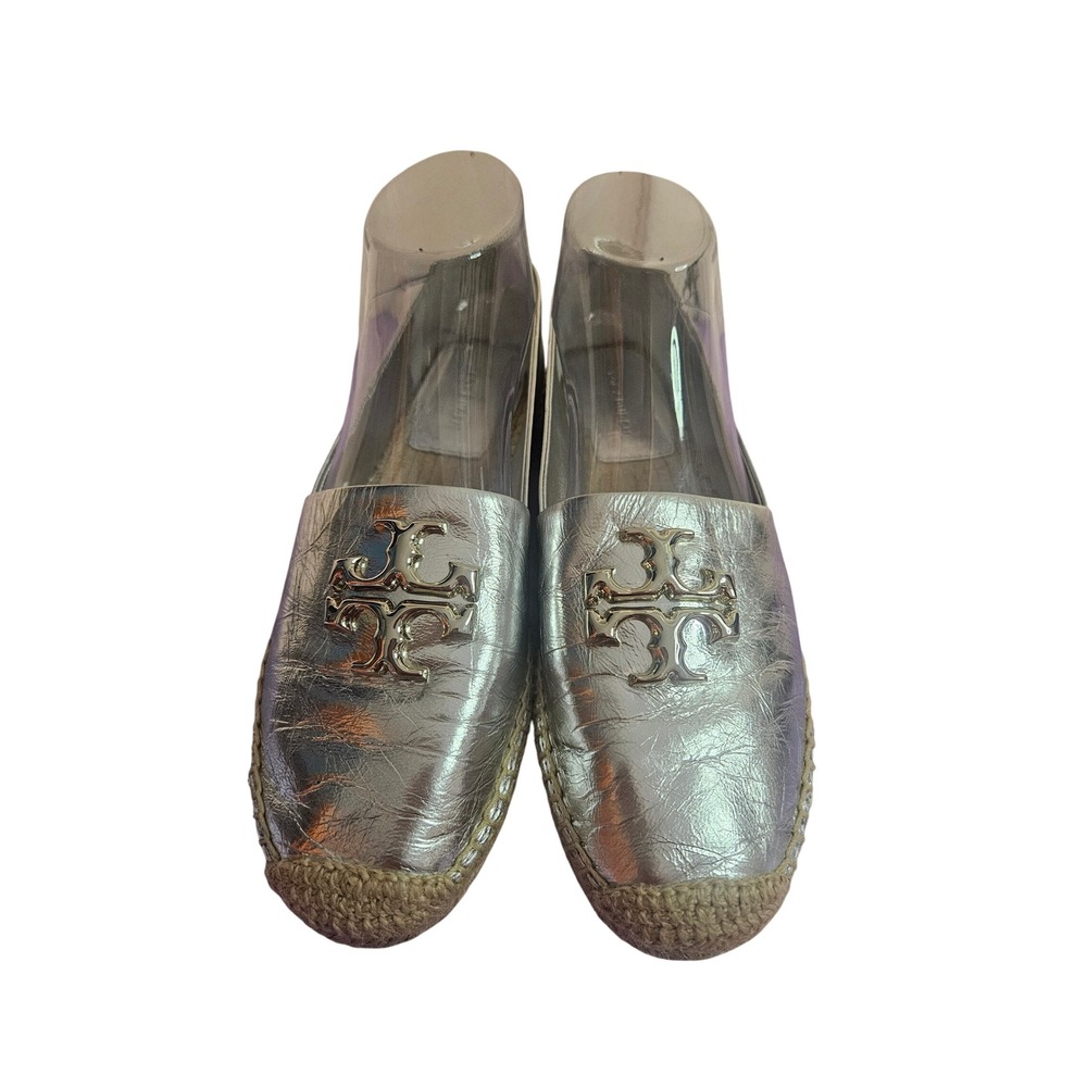 Tory Burch Eleanor Silver Metallic Leather‎ Espadrille Flats Double T Logo 8.5M
